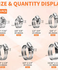Heavy Duty 130 Piece Hose Clamp Kit 304 Stainless Steel 1/4 To 1-1/2 Inch Worm Gear Clamps Assortment sizes display