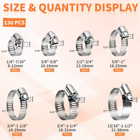 Heavy Duty 130 Piece Hose Clamp Kit 304 Stainless Steel 1/4 To 1-1/2 Inch Worm Gear Clamps Assortment sizes display