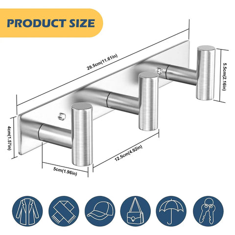 Dimensions diagram of Stainless Steel Wall Mount Coat Hooks Set With Three T Shaped Hooks for accessories