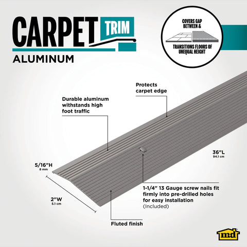 Pewter Aluminum Carpet Trim 2 In By 36 In With Screw Nails, Strong Transition Strip For Doorways And Uneven Floors, Durable Aluminum