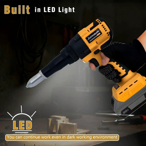 Workhorse Cordless Rivet Gun With Brushless Motor And One Button Auto Riveting For 20V Batteries Including Aluminum Rivets Quick Swap Nose And Bright Led Work Light Tool Only held in hand with built-in LED light.