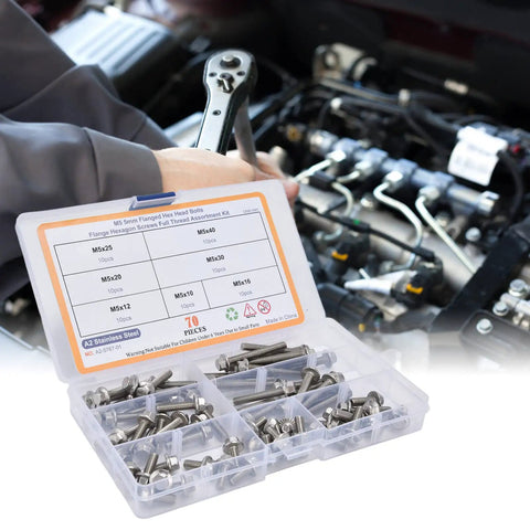 Mechanic using 70 Piece M5 Bolt Assortment Kit with Hex Socket Head Cap and Flange Bolts in Stainless Steel 304 toolbox