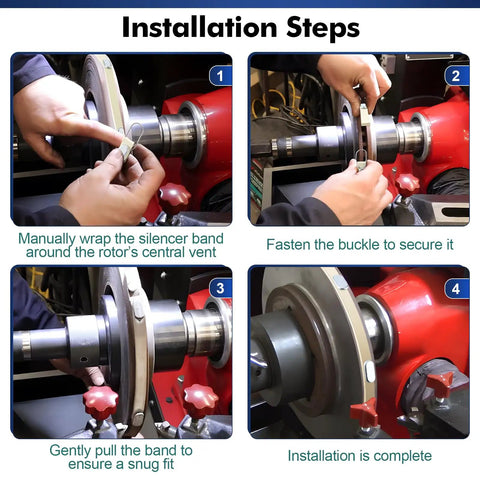 Installation steps for adjustable brake lathe silencer band on ventilated rotors fits major lathe models for quieter turning.