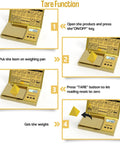 Pocket Scale 200G Capacity With 0.01G Precision, Gold Titanium Plating, LCD Backlit Display, illustrating tare function steps.