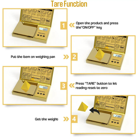 Pocket Scale 200G Capacity With 0.01G Precision, Gold Titanium Plating, LCD Backlit Display, illustrating tare function steps.