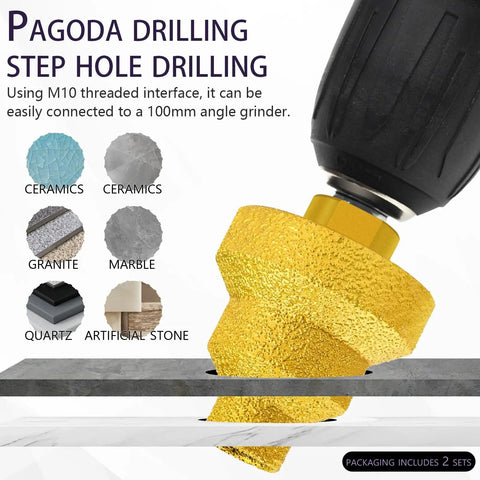 Diamond Step Drill Bit Set 20mm 35mm 50mm With M10 Thread for drilling marble granite ceramic quartz surfaces, connected to a grinder