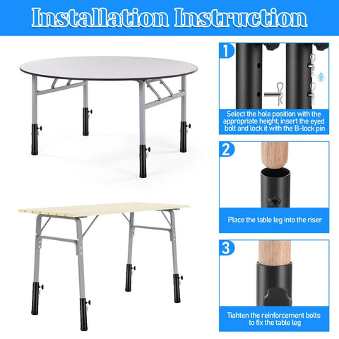 Installation instruction for Heavy Duty Steel Table Risers Four Pack With Dual Height Adjustable Leg Extenders for ergonomic desk setup.