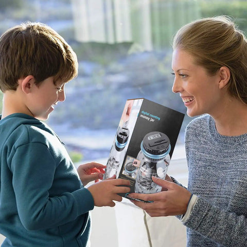Adult receiving Digital Coin Bank With LCD Counter For Adults, 1.8L Large Capacity Money Jar as a gift from child.