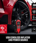 Cordless Tire Inflator With Digital Pressure Gauge next to car, showcasing USB power source, LED display, and auto shutoff.