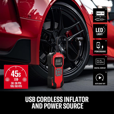 Cordless Tire Inflator With Digital Pressure Gauge next to car, showcasing USB power source, LED display, and auto shutoff.