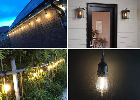 Six Pack 2W LED Light Bulbs Equivalent To 15W 20W For S14 Replacement Outdoor String Lights And Sputnik Chandeliers in use outdoors