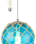 Blue Glass Coastal Pendant Light With Hemp Rope For Beach House Nautical Decor One Light Hanging Fixture For Living Room Kitchen Bedroom Centerpiece Ocean Vibe Chill Glass Ball Diffuser Bulb Included