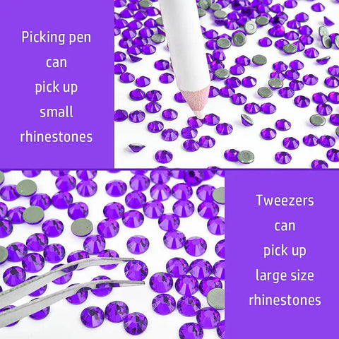 Hotfix Applicator Kit With 6000 Rhinestones showing purple picker pen with rhinestones and tweezers for DIY crafting