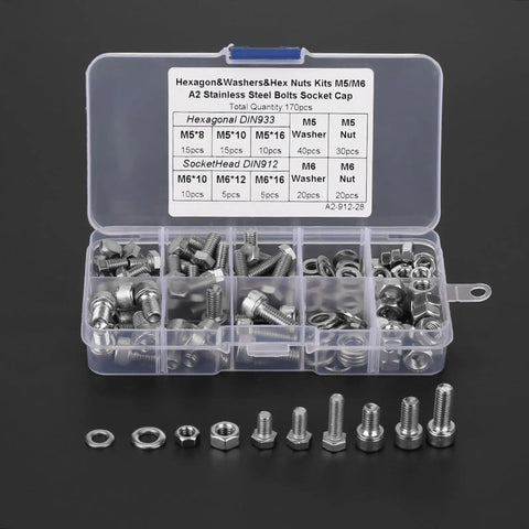 170 Pcs Stainless Steel M5 And M6 Hex Socket Head Cap Screws Kit With Washers And Nuts For Industrial Electrical And Construction Projects Rust Resistant 304 Grade Fasteners For Durable Quick Go-To Heavy Duty Assemblies in a plastic storage box