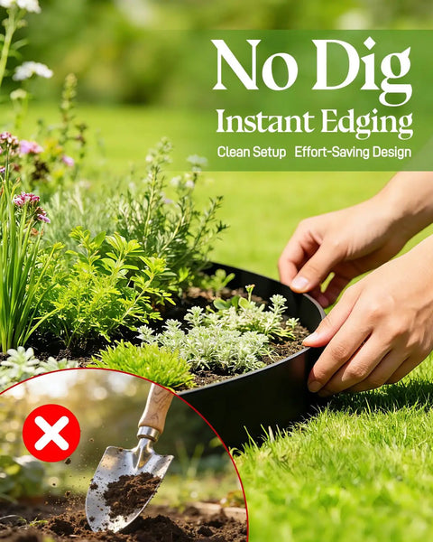 Hands installing 2 Inch Tall No-Dig Plastic Garden Edging Border Kit With 40 Ft Length And 40 Metal Spikes for landscaping.