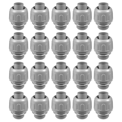 Twenty Pack Half Inch Liquid Tight Connectors Tough As Nails Nylon flexible conduit fittings arranged in a grid.