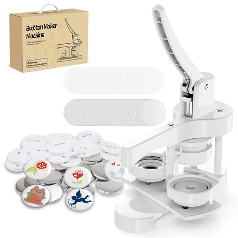 Pre Assembled Button Maker Machine With Free 58mm Discs No Sweat Setup Straight Out The Box Diy Badge Press Kit with buttons and discs.