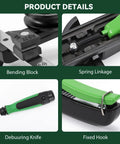 Close-up of components in One Hand Tubing Bender Kit With Reverse Bend For One Quarter Inch To Seven Eighths Inch Copper Or Brass Pipes HVAC Ratchet Pipe Bender Tool Set With 90 Degree Bend And Seven Dies For Refrigerator And AC Repair.