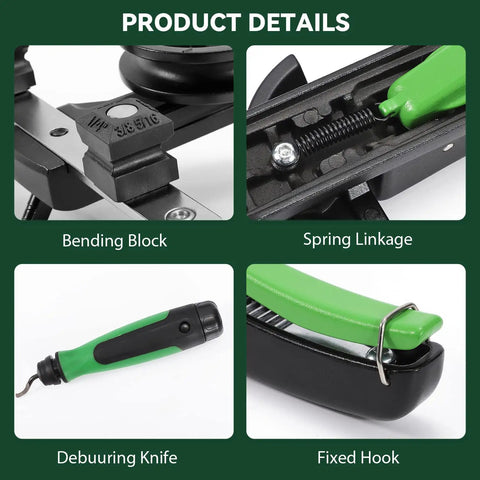 Close-up of components in One Hand Tubing Bender Kit With Reverse Bend For One Quarter Inch To Seven Eighths Inch Copper Or Brass Pipes HVAC Ratchet Pipe Bender Tool Set With 90 Degree Bend And Seven Dies For Refrigerator And AC Repair.