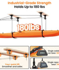 Heavy Duty Kayak Storage Hoist For Garage Ceiling With 180 Lb Capacity, showing kayak supported by an overhead pulley system.