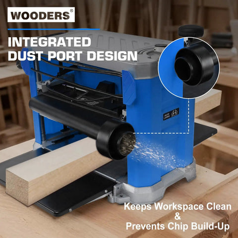 Integrated dust port on 13 Inch Benchtop Thickness Planer With 15 Amp Motor Four HSS Blades 2000W All Copper Motor Overload Protection