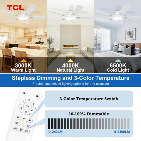 52 Inch Low Profile Ceiling Fan With Lights And Remote Control, White Finish, Flush Mount, DC Reversible Motor with 3 light color options