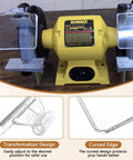 Top Tier Clear Safety Shield For Bench Grinders on DW758 machine showcasing transformation design and curved edges for safety.
