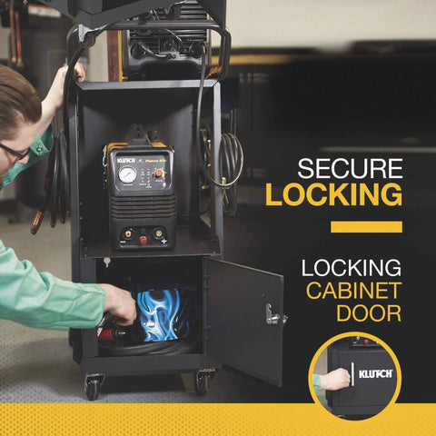Two Tier Welding Cart With Locking Cabinet, Heavy Duty Shop Organizer, showing secure locking cabinet door, 100 lb capacity.