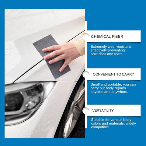 Hand using Scratch Remover Magic Cleaning Cloths Pack 10 Easy Fix For Light Scratches Scuffs And Blemishes on white car surface