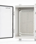 IP67 Waterproof Outdoor Junction Box Enclosure with hinged clear cover open, showing mounting plate and plastic body.