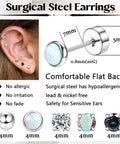 Hypoallergenic Surgical Steel Earrings For Sensitive Ears, opal flat back stud, 20G 7mm post, 4mm stone