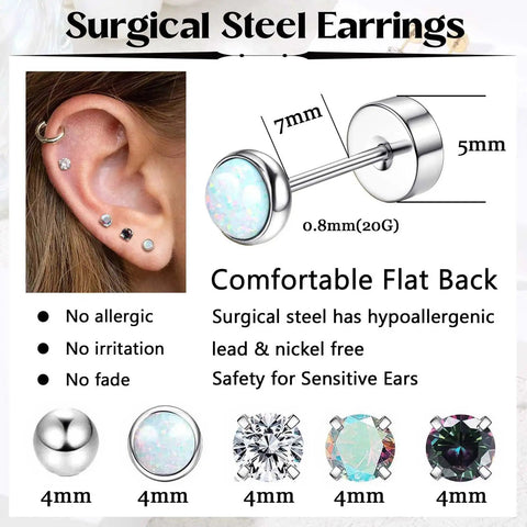 Hypoallergenic Surgical Steel Earrings For Sensitive Ears, opal flat back stud, 20G 7mm post, 4mm stone
