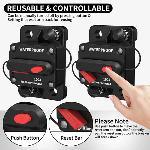 100 Amp Waterproof DC Inline Circuit Breaker With Manual Reset For Marine Boats, Trolling Motors, Cars, RVs And ATVs, 12V To 48V DC, Ignition Protected Push Button Reset Reusable, black