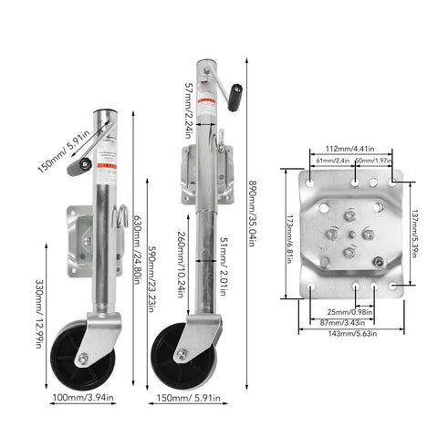 Heavy Duty 1500 Lb Trailer Jack With 6 Inch Dual Wheels Adjustable Swivel Base shown with measurements and galvanized steel construction.