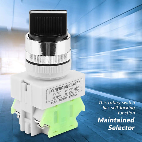 Hella Durable 3 Position Maintained Selector Switch For Industrial Builds Rock Solid Self Locking 2NO Plus 1NC Wiring Medium Low Voltage Electrical Rig Setup on sleek background.