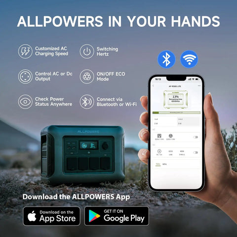 Smartphone app controlling R1500 Lite Portable Power Station With SE200 200W Solar Panel Kit, features displayed on screen.