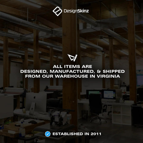 Office interior of Design Skinz warehouse in Virginia with wooden beams and workstations, established in 2011.