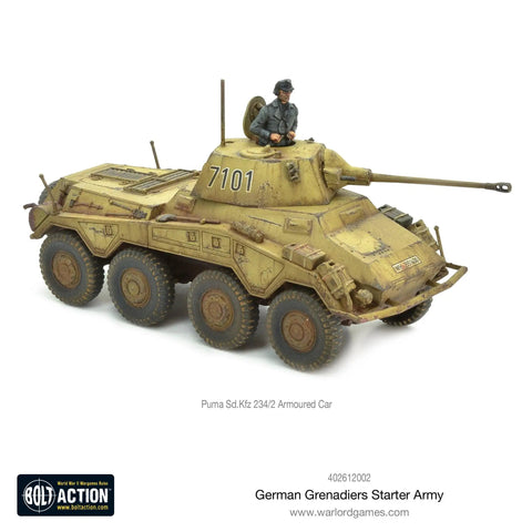 Puma Sd.Kfz. 234/2 armoured car, part of Bolt Action German Grenadiers 1:56 Scale Miniatures Set for tabletop war gaming.