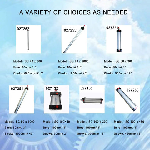 Variety of industrial pneumatic cylinders with different bores and strokes for automation, featuring Air Pneumatic Cylinder Workhorse options.