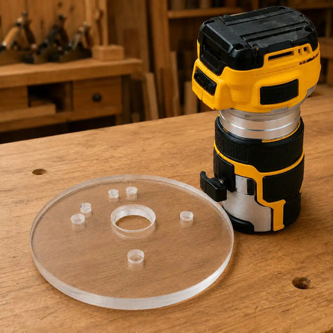 Six Inch Clear Acrylic Router Base Plate With Precision Pre Drilled Holes For DWP611 And DCW600B Compact Routers next to a router.