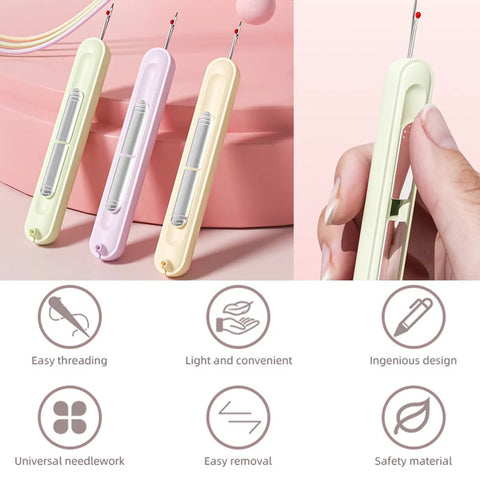 Upgraded Automatic Needle Threader Set 3 Pack, 2 In 1 Needle Threader And Seam Ripper in pastel lavender, cream, and mint colors