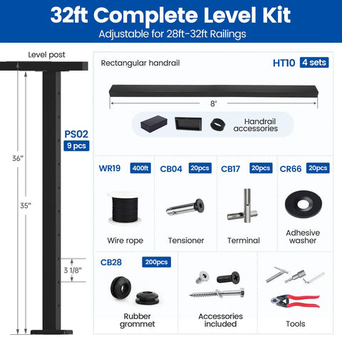 32ft Complete Level Kit components for No Hassle Black Cable Railing Kit 28 To 32 Feet Surface Mount with handrail accessories.