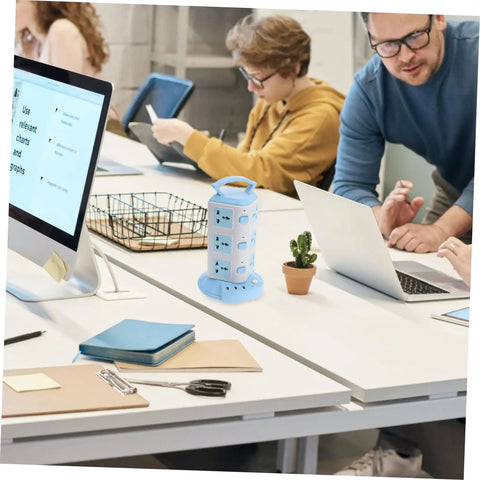 Heavy Duty USB Power Strip With Plenty Of Outlets And Superfast Ports Top Shelf Surge Protector on a modern desk.