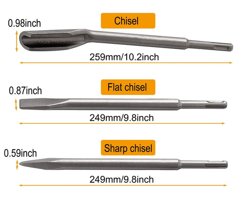 Rotary Hammer Drill Chisel Set With Six Pieces For Tile Masonry Concrete Brick Stone Work Includes Tile Grooving Scraping Flat Point And Scaling Chisels Designed For SDS Plus Drills Premium Chromium Vanadium Steel Durable And Tough