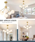 Six Light Frosted White Glass Globe Sputnik Chandelier in Modern Gold Finish in living room, dining area, and hallway setup.