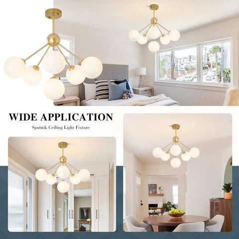 Six Light Frosted White Glass Globe Sputnik Chandelier in Modern Gold Finish in living room, dining area, and hallway setup.