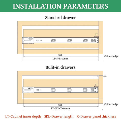 Five Pairs 22 Inch Soft Close Full Extension Ball Bearing Drawer Slides With Rear Bracket For Face Frame And Frameless Cabinets Built To Last Heavy Duty 100 Lbs Fits 12 14 16 18 22 24 Inch installation diagram