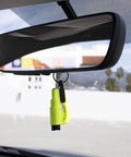 Emergency Keychain Car Escape Tool Pack Of 2, 2-In-1 Seatbelt Cutter And Window Breaker hanging from rearview mirror