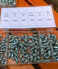 260 Piece Grease Fitting Assortment Kit With Galvanized Iron Zerk Nipples Includes 90 and 45 Degree Angled Fittings Plus Straight Ones For Cars Trucks And Machinery Storage Box, assorted zerk fittings in organizer case