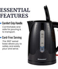 1.7L Electric Kettle With No Fuss Fast Boil BPA Free Auto Shutoff Boil Dry Protection 360 Degree Swivel Cordless Base Black Finish